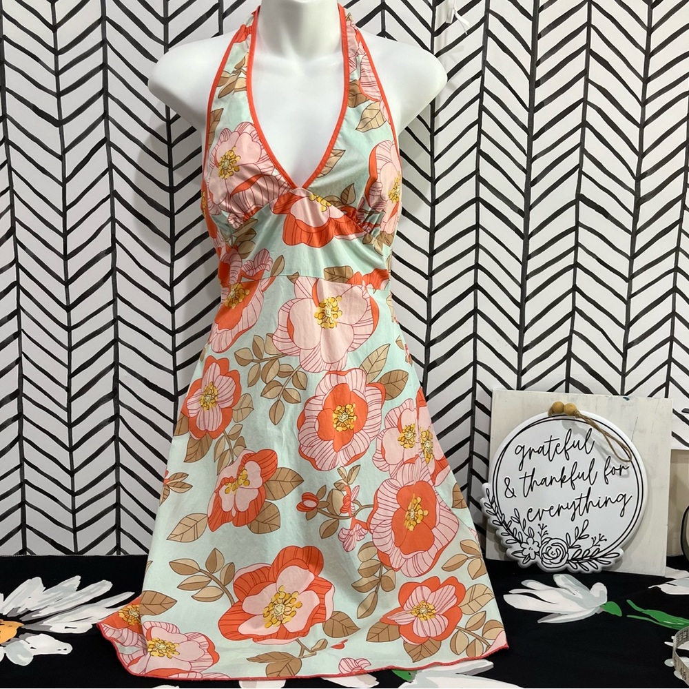 Colorful Flowered Turquoise Peach Halter Neck Tie Cotton Dress, Size Small